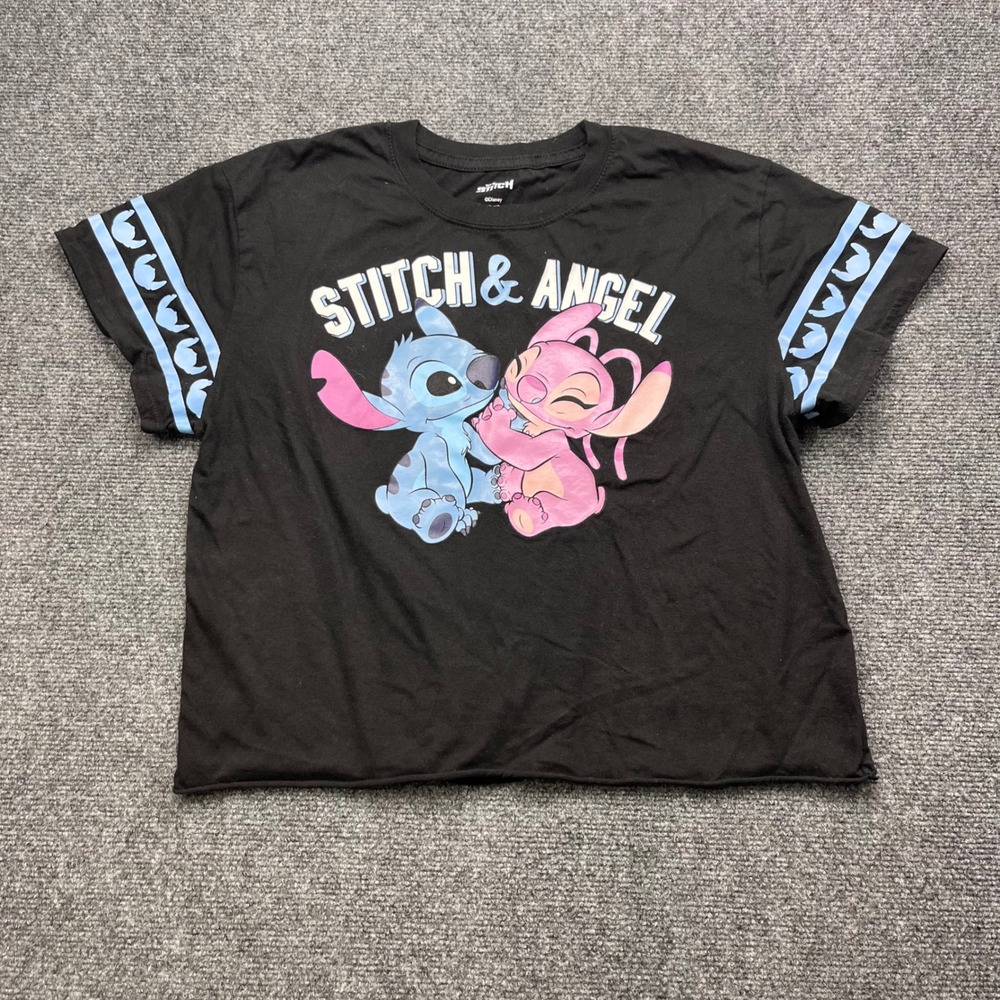 Disney Stitch Angel Ohana Graphic Black‎ Raw Hem Cropped T-Shirt